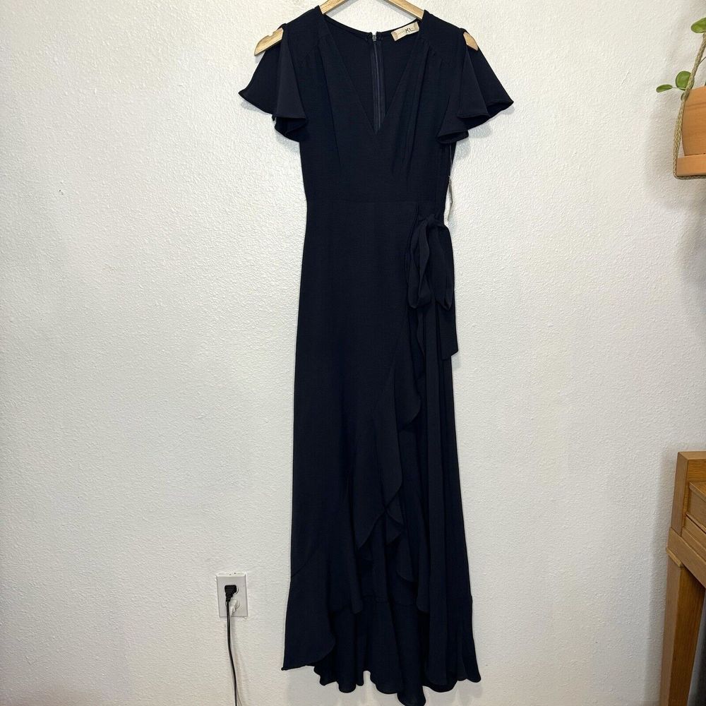 Altar’d State Springvale Faux Wrap Maxi Dress Womens XS Navy Blue Tie Waist